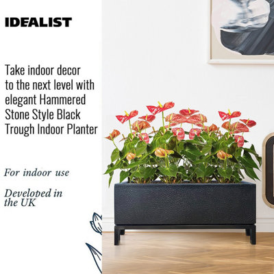 IDEALIST Hammered Stone Style Black Trough Indoor Planter on Metal Stand H32 L74 W27 cm, 45L
