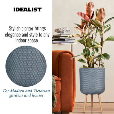 IDEALIST Honeycomb Style Green Grey Cylinder Planter with Legs, Round Indoor Plant Pot Stand for Indoor Plants D37.5 H61 cm, 32.7L