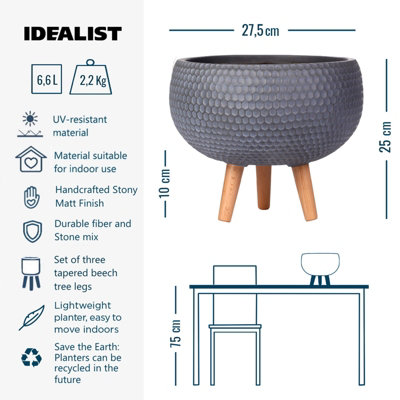 IDEALIST Honeycomb Style Grey Bowl Planter with Legs, Round Indoor Plant Pot Stand for Indoor Plants D27.5 H25 cm, 7L
