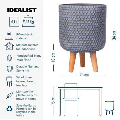 IDEALIST Honeycomb Style Grey Cylinder Planter on Legs, Round Pot Plant Stand Indoor D25 H34 cm, 9.1L