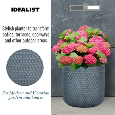 IDEALIST Honeycomb Style Slate Grey Cylinder Garden Round Planter, Outdoor Plant Pot D31 H30.5 cm, 23L
