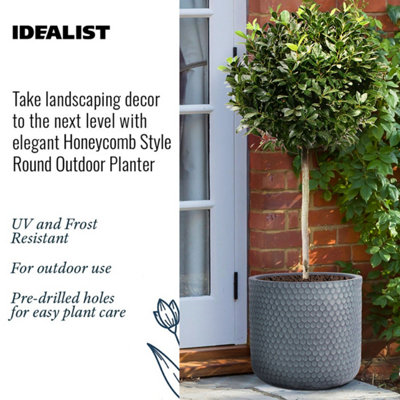 IDEALIST Honeycomb Style Slate Grey Cylinder Garden Round Planter, Outdoor Plant Pot D37.5 H37 cm, 41L