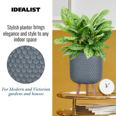 IDEALIST Honeycomb Style Slate Grey Cylinder Planter on Legs, Round Pot Plant Stand Indoor D25 H34 cm, 9.1L