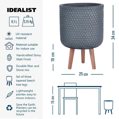 IDEALIST Honeycomb Style Slate Grey Cylinder Planter on Legs, Round Pot Plant Stand Indoor D25 H34 cm, 9.1L