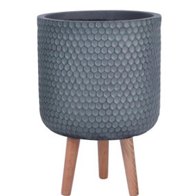 IDEALIST Honeycomb Style Slate Grey Cylinder Planter on Legs, Round Pot Plant Stand Indoor D31 H47 cm, 19.8L