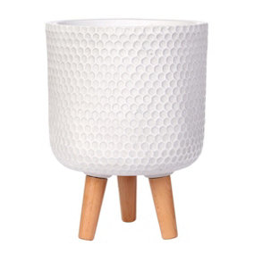 IDEALIST Honeycomb Style White Cylinder Planter on Legs, Round Pot Plant Stand Indoor D25 H34 cm, 9.1L