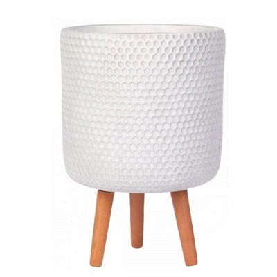 IDEALIST Honeycomb Style White Cylinder Planter with Legs, Round Indoor Plant Pot Stand for Indoor Plants D31 H47 cm, 19.8L