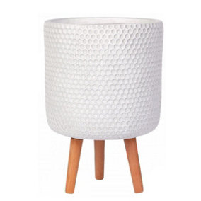IDEALIST Honeycomb Style White Cylinder Planter with Legs, Round Indoor Plant Pot Stand for Indoor Plants D31 H47 cm, 19.8L