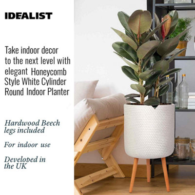 IDEALIST Honeycomb Style White Cylinder Planter with Legs, Round Indoor Plant Pot Stand for Indoor Plants D37.5 H65 cm, 32.7L