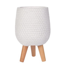 IDEALIST Honeycomb Style White Egg Planter, Round Plant Pot Stand for Indoor Plants D19 H34 cm, with Inner Top D15,5 cm, 7L