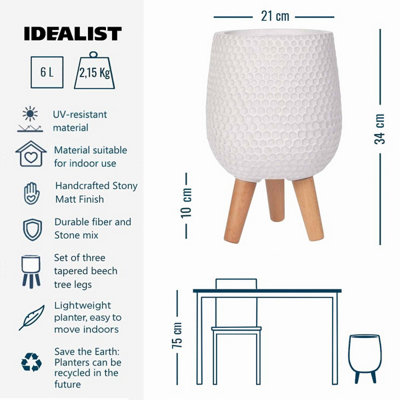 IDEALIST Honeycomb Style White Egg Planter, Round Plant Pot Stand for Indoor Plants D19 H34 cm, with Inner Top D15,5 cm, 7L