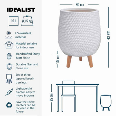 IDEALIST Honeycomb Style White Egg Planter with Legs, Round Indoor Plant Pot Stand for Indoor Plants D32 H43 cm, 21.9L