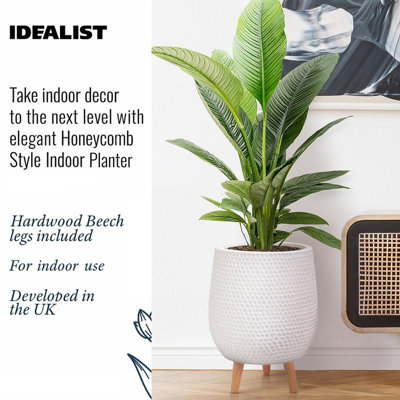 IDEALIST Honeycomb Style White Egg Planter with Legs, Round Indoor Plant Pot Stand for Indoor Plants D44 H55 cm, 59.6L