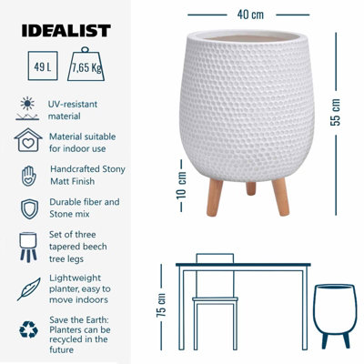 IDEALIST Honeycomb Style White Egg Planter with Legs, Round Indoor Plant Pot Stand for Indoor Plants D44 H55 cm, 59.6L