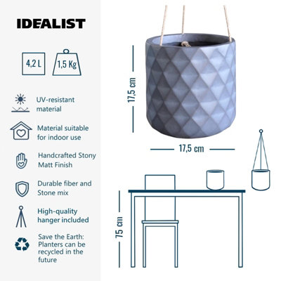 IDEALIST™ Indoor Plant Pot, D13 H17 cm Grey Reinforced Stone Round Planter, Succulent Pot, Hanging Plant Pot