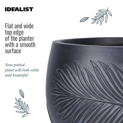 IDEALIST™ (Inner Top Dia) 21cm Small Round Plant Pot, Leaf Embossed Black Reinforced Stone Planter, Outdoor Plant Pot, W28 H22 cm