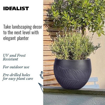 IDEALIST™ (Inner Top Dia) 21cm Small Round Plant Pot, Leaf Embossed Black Reinforced Stone Planter, Outdoor Plant Pot, W28 H22 cm