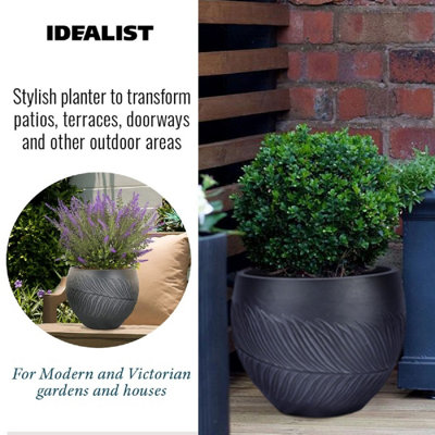 IDEALIST™ (Inner Top Dia) 21cm Small Round Plant Pot, Leaf Embossed Black Reinforced Stone Planter, Outdoor Plant Pot, W28 H22 cm