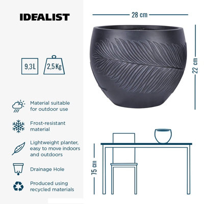 IDEALIST™ (Inner Top Dia) 21cm Small Round Plant Pot, Leaf Embossed Black Reinforced Stone Planter, Outdoor Plant Pot, W28 H22 cm