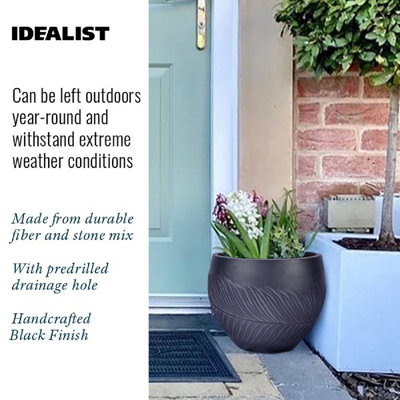 IDEALIST™ (Inner Top Dia) 21cm Small Round Plant Pot, Leaf Embossed Black Reinforced Stone Planter, Outdoor Plant Pot, W28 H22 cm