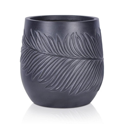 IDEALIST™ (Inner Top Dia) 35cm Round Planter, Leaf Embossed Black Reinforced Stone Garden Planter, Outdoor Plant Pot W40 H44 cm