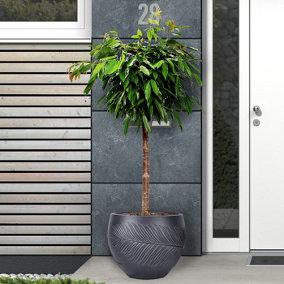 IDEALIST™ (Inner Top Dia) 41cm Round Plant Pot, Leaf Embossed Black Reinforced Stone Planter, Outdoor Large Plant Pot W50 H38 cm