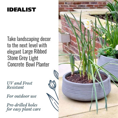 IDEALIST Large Ribbed Stone Grey Light Concrete Garden Bowl Planter, Outdoor Plant Pot H12 D31 cm, 9L