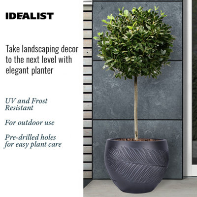 IDEALIST Leaf Embossed Black Ball Planter, Outdoor Plant Pot D37 H29 cm, 23L
