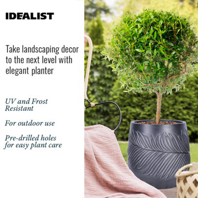 IDEALIST Leaf Embossed Black Egg Garden Round Planter, Outdoor Plant Pot D44 H44 cm, 54L