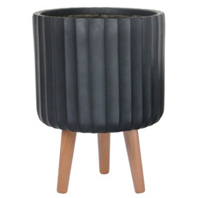 IDEALIST Modern Ribbed Black Cylinder Planter with Legs, Round Indoor Plant Pot Stand for Indoor Plants D24 H32 cm, 7.6L