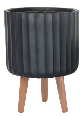 IDEALIST Modern Ribbed Black Cylinder Planter with Legs, Round Indoor Plant Pot Stand for Indoor Plants D30 H41 cm, 14.8L