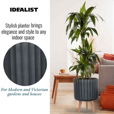 IDEALIST Modern Ribbed Black Cylinder Planter with Legs, Round Indoor Plant Pot Stand for Indoor Plants D36 H58 cm, 27.2L