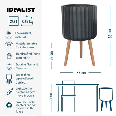 IDEALIST Modern Ribbed Black Cylinder Planter with Legs, Round Indoor Plant Pot Stand for Indoor Plants D36 H58 cm, 27.2L