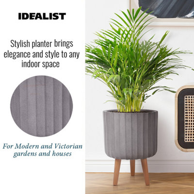 IDEALIST Modern Ribbed Taupe Cylinder Planter with Legs, Round Indoor Plant Pot Stand for Indoor Plants D30 H41 cm, 14.8L