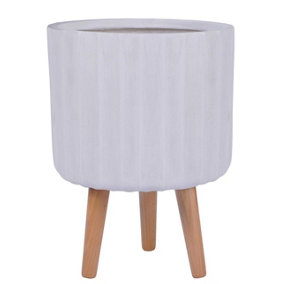 IDEALIST Modern Ribbed White Cylinder Planter on Legs, Round Pot Plant Stand Indoor D24 H32 cm, 7.6L