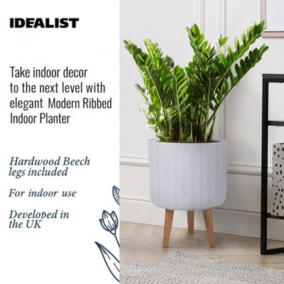 IDEALIST Modern Ribbed White Cylinder Planter with Legs, Round Indoor Plant Pot Stand for Indoor Plants D30 H41 cm, 14.8L
