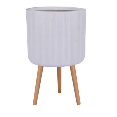 IDEALIST Modern Ribbed White Cylinder Planter with Legs, Round Indoor Plant Pot Stand for Indoor Plants D36 H58 cm, 27.2L