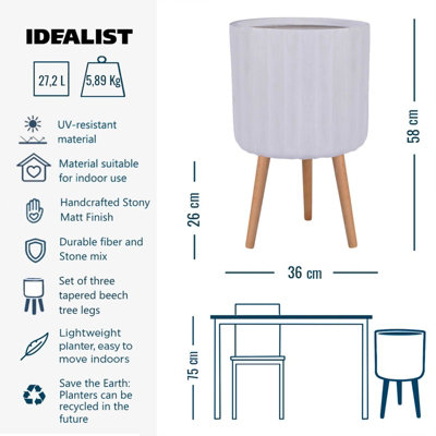 IDEALIST Modern Ribbed White Cylinder Planter with Legs, Round Indoor Plant Pot Stand for Indoor Plants D36 H58 cm, 27.2L