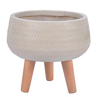 IDEALIST Plaited Style Beige Bowl Planter with Legs, Round Indoor Plant Pot Stand for Indoor Plants D24 H23 cm, 4.2L