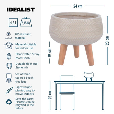IDEALIST Plaited Style Beige Bowl Planter with Legs, Round Indoor Plant Pot Stand for Indoor Plants D24 H23 cm, 4.2L