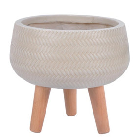 IDEALIST Plaited Style Beige Bowl Planter with Legs, Round Indoor Plant Pot Stand for Indoor Plants D32 H26.5 cm, 10.2L