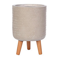 IDEALIST Plaited Style Beige Cylinder Planter on Legs, Round Pot Plant Stand Indoor D24 H35 cm, 8.7L