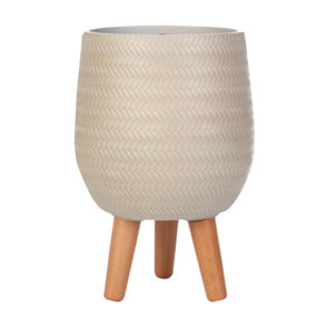 IDEALIST Plaited Style Beige Egg Planter with Legs, Round Indoor Plant Pot Stand for Indoor Plants D22 H34 cm, 7L