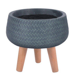 IDEALIST Plaited Style Slate Grey Bowl Planter with Legs, Round Indoor Plant Pot Stand for Indoor Plants D24 H23 cm, 4.2L
