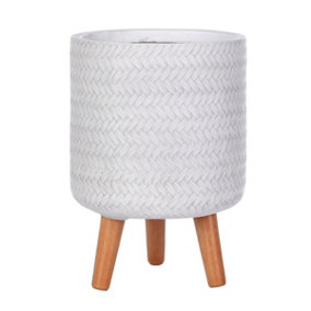 IDEALIST Plaited Style White Cylinder Planter with Legs, Round Indoor Plant Pot Stand for Indoor Plants D24 H35 cm, 8.7L