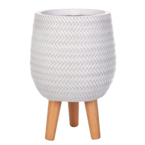 IDEALIST Plaited Style White Egg Planter with Legs, Round Indoor Plant Pot Stand for Indoor Plants D22 H34 cm, 7L