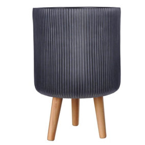 IDEALIST Ribbed Black Cylinder Planter on Legs, Round Pot Plant Stand Indoor D25.5 H36 cm, 10.4L