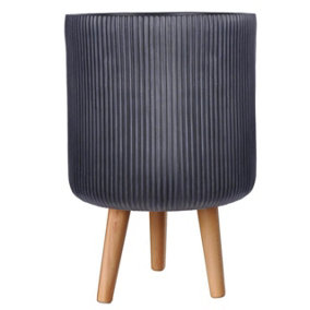 IDEALIST Ribbed Black Cylinder Planter on Legs, Round Pot Plant Stand Indoor D30.5 H46 cm, 18.5L