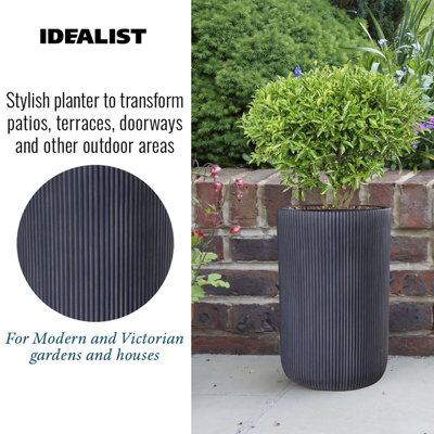 IDEALIST Ribbed Black Cylinder Planter, Outdoor Plant Pot D24.5 H36.5 cm, 17L