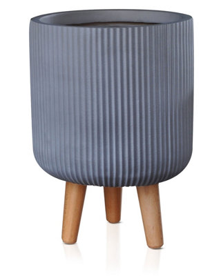 IDEALIST Ribbed Grey Cylinder Planter on Legs, Round Pot Plant Stand
